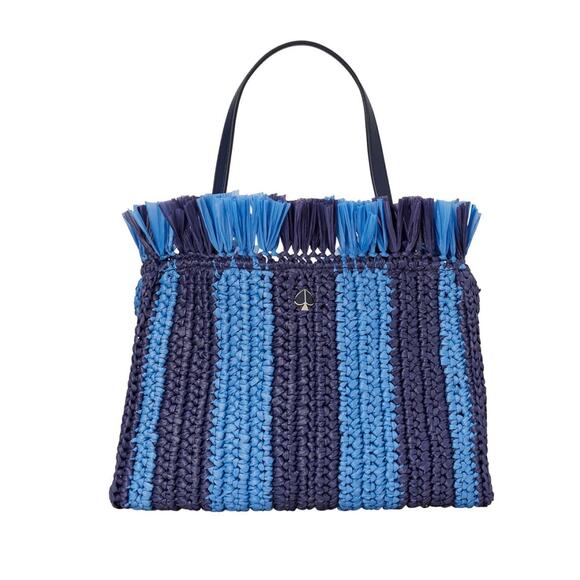NWT Kate Spade Sam Blue & Navy Striped Straw Medium Satchel - Picture 1 of 10